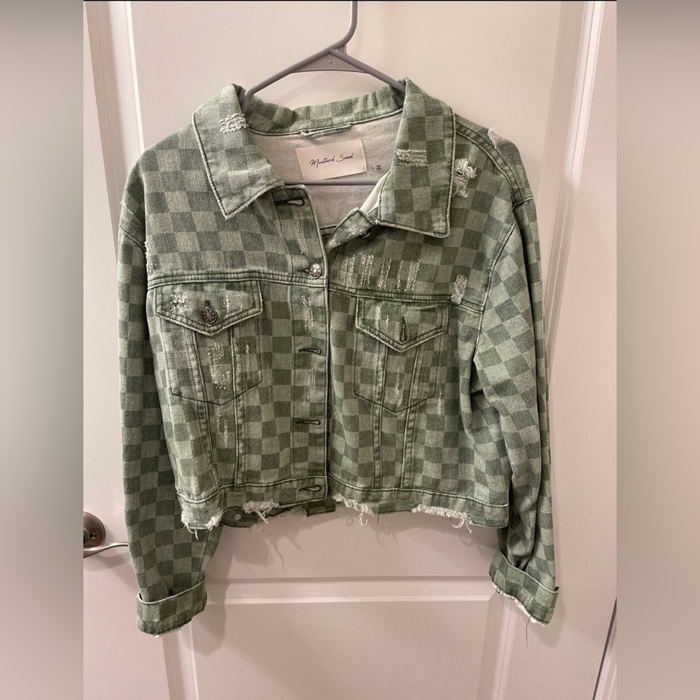 Checkered Green Denim Jacket Mustard Seed L